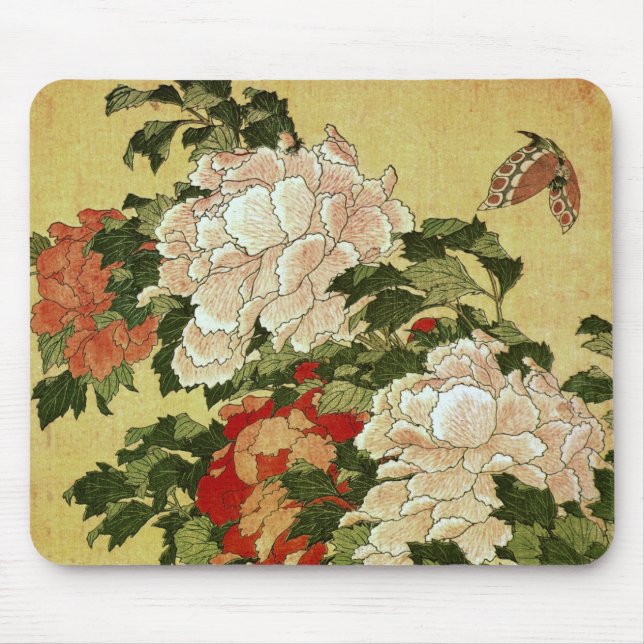 Peonies & Butterflies Hokusai Japanese Fine Art Mouse Mat (Front)