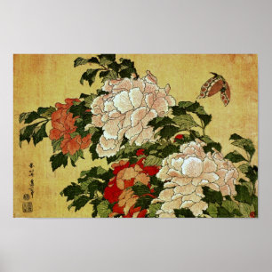 Peonies & Butterflies Hokusai Japanese Fine Art Poster