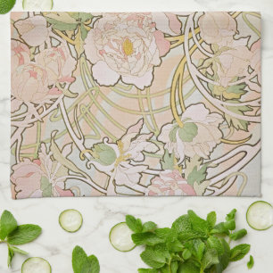 Peonies by Alphonse Mucha Tea Towel