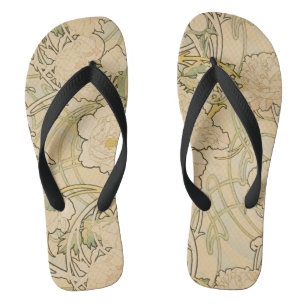 Peonies by Alphonse Mucha, Vintage Art Nouveau Flip Flops