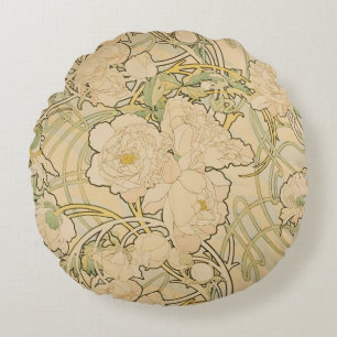 Peonies by Alphonse Mucha, Vintage Art Nouveau Round Cushion