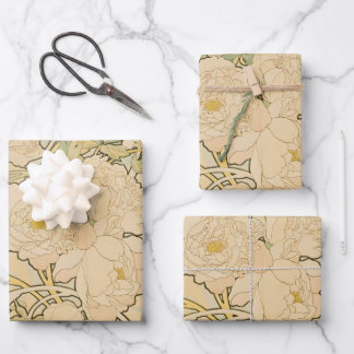 Peonies by Alphonse Mucha, Vintage Art Nouveau Wrapping Paper Sheet