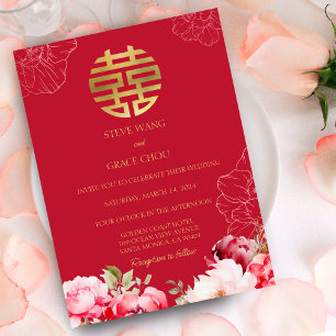 Peonies Chinese Wedding Asian Double Happiness Invitation