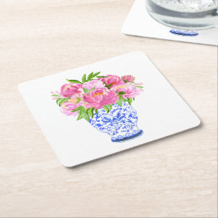 Peonies Chinoiserie Vase Square Paper Coaster