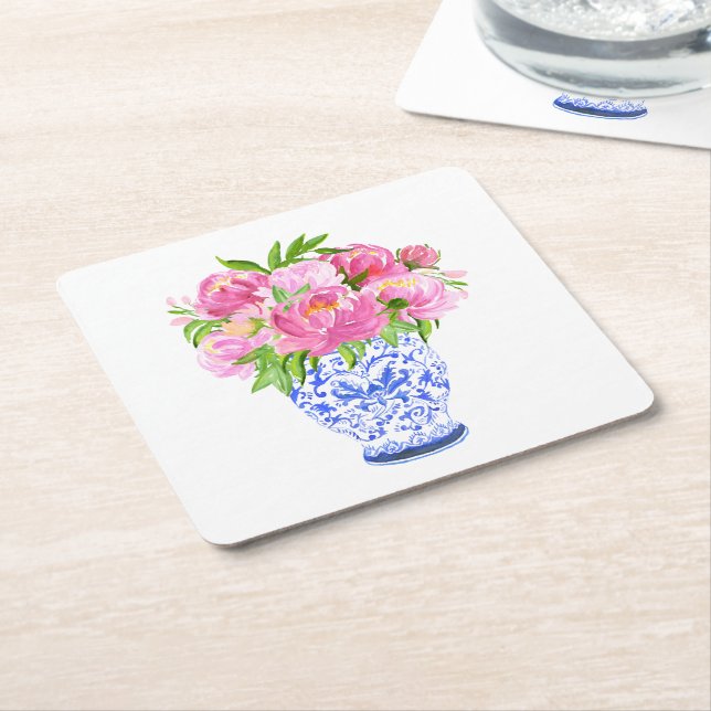 Peonies Chinoiserie Vase Square Paper Coaster (Angled)