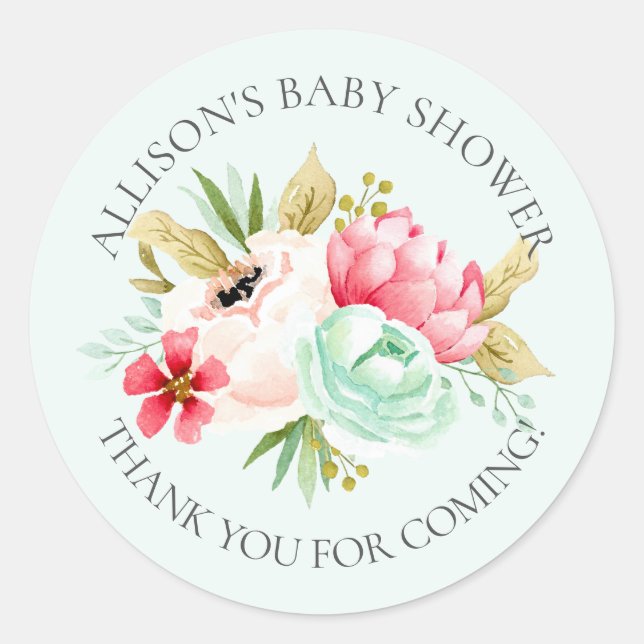 Peonies Floral Baby Thank You Shower Sticker (Front)