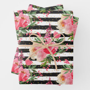 Peonies Floral Black White Stripes Wrapping Paper Sheet