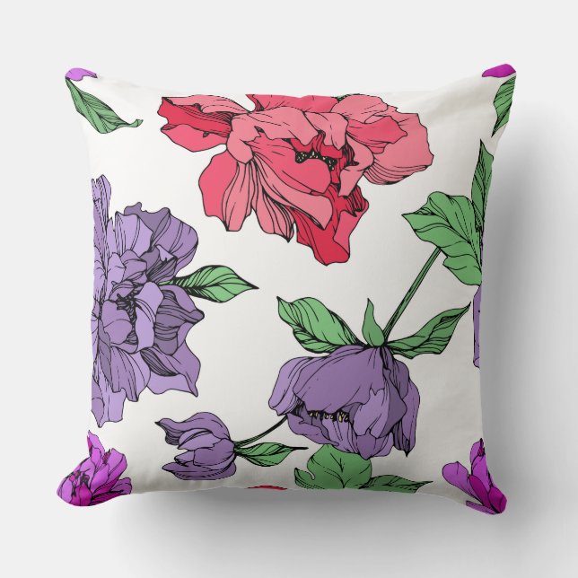 Peonies floral isolated ink artwork pink, purple cushion (Front)