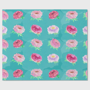 Peonies Floral Pattern Pink Watercolor Teal Wrappi Wrapping Paper