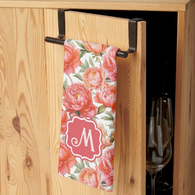  Peonies Floral Pink Orange Pattern  | Monogram Tea Towel (Thirds Fold)