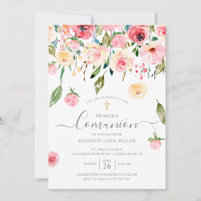 Peonies Floral Spanish First Communion Invitation (Front)