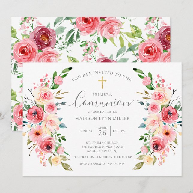 Peonies Floral Spanish First Communion Invitation (Front/Back)