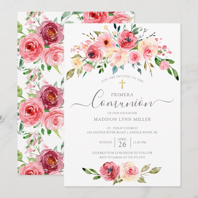 Peonies Floral Spanish First Communion Invitation (Front/Back)