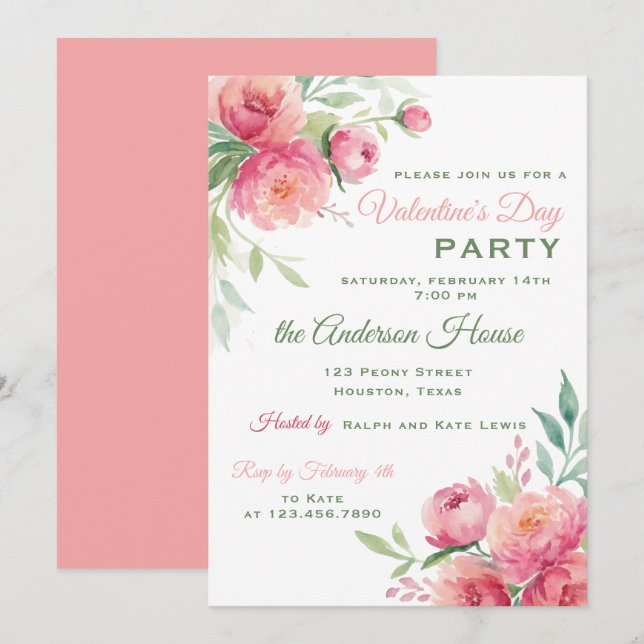 Peonies Floral Valentines Day Party Invitation (Front/Back)