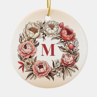 Peonies Floral Wreath with Personalised Monogram Ceramic Tree Decoration