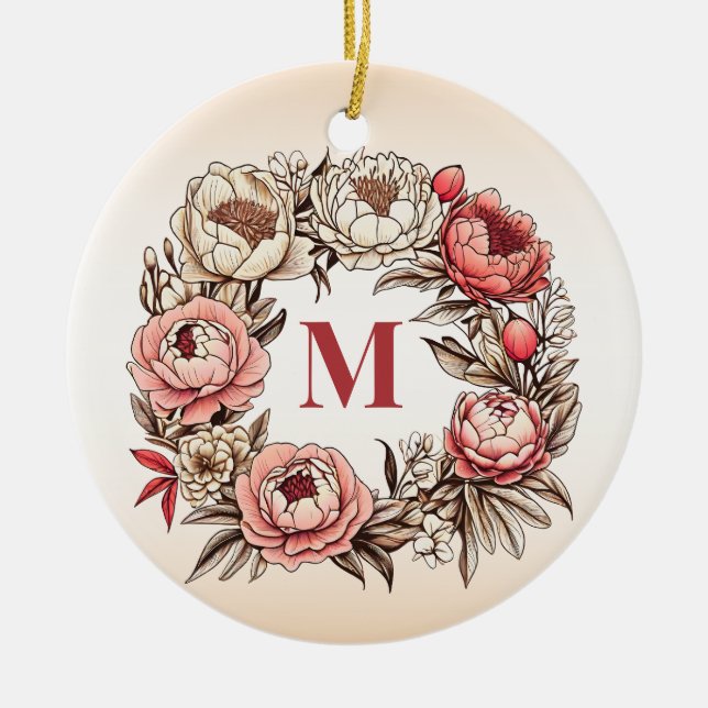 Peonies Floral Wreath with Personalised Monogram Ceramic Tree Decoration (Front)