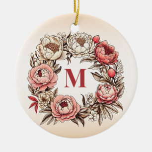 Peonies Floral Wreath with Personalized Monogram Ceramic Tree Decoration