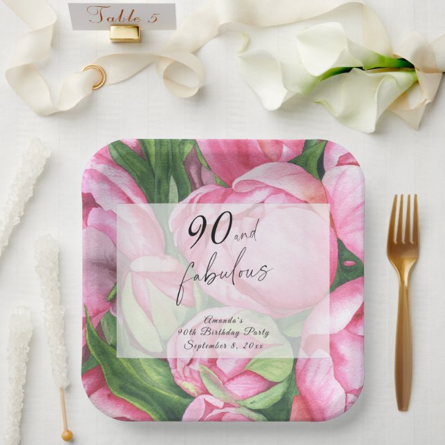 Peonies flowers 90th Birthday Party  Paper Plate (Wedding)