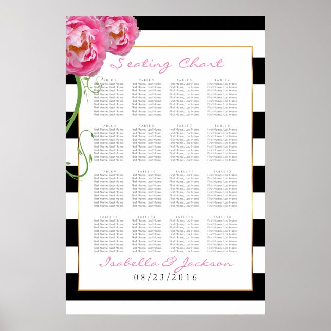 Peonies Flowers on Black & White -16 Seating Chart (Front)