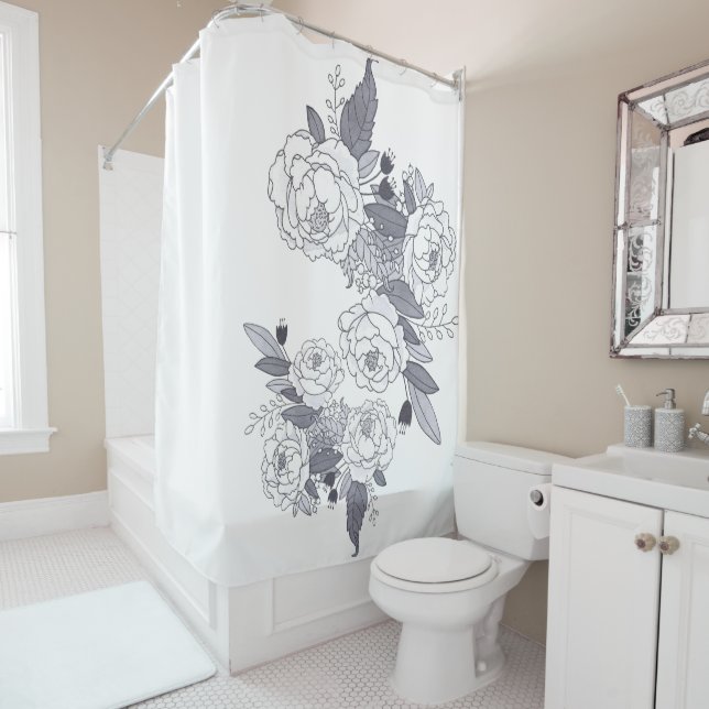 peonies ghaphic gray black-white flowers botanical shower curtain (In Situ)