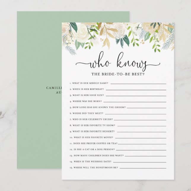 Peonies Glitter Who Knows Bride Bridal Shower Game Invitation (Front/Back)