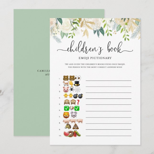 Peonies Gold Emoji Pictionary Baby Shower Game Invitation (Front/Back)