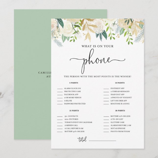 Peonies Gold Glitter What's on Your Phone Shower Invitation (Front/Back)