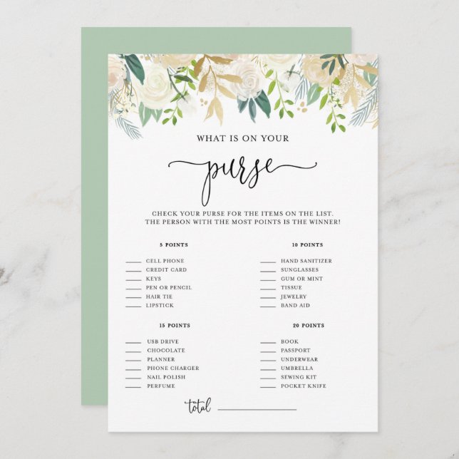 Peonies Gold Glitter What's on Your Purse Shower Invitation (Front/Back)