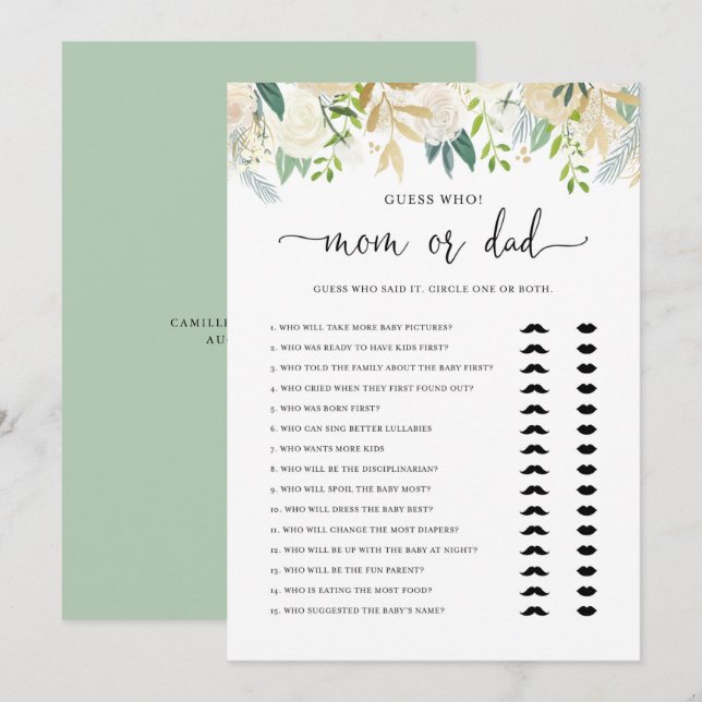 Peonies Gold Mum or Dad Baby Shower Game Card (Front/Back)