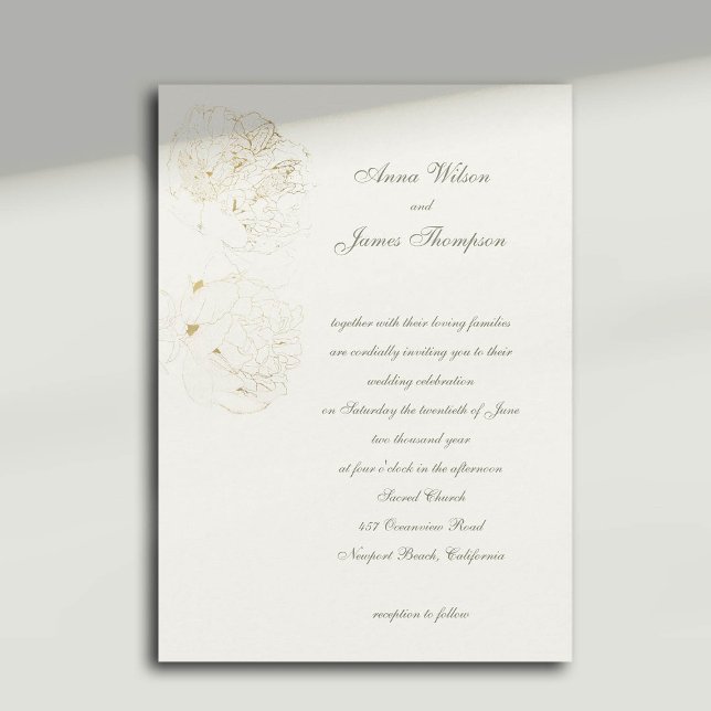 Peonies Gold Sketch Formal Calligraphy Wedding Invitation (gold peonies wedding invitation formal traditional calligraphy casual modern classic)