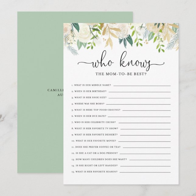 Peonies Gold Who Knows Mum the Best Shower Game Invitation (Front/Back)