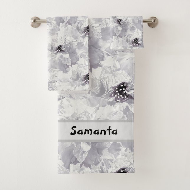 Peonies, grey and white, floral, white flowers bath towel set (Insitu)