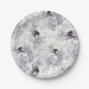 Peonies, grey and white, floral, white flowers paper plate