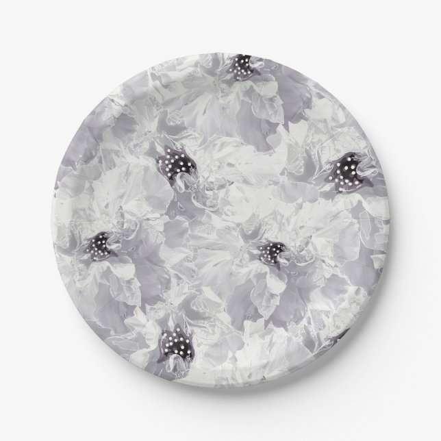 Peonies, grey and white, floral, white flowers paper plate (Front)