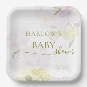 Peonies Hydrangea Pastel Watercolor Baby Shower Paper Plate
