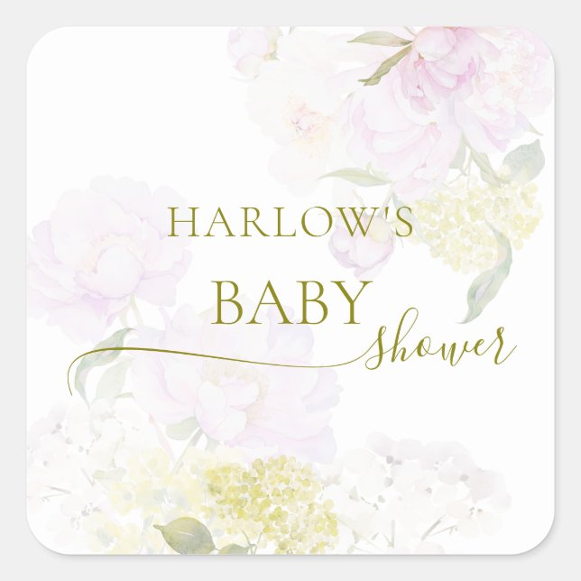 Peonies Hydrangea Pastel Watercolor Baby Shower Square Sticker (Front)