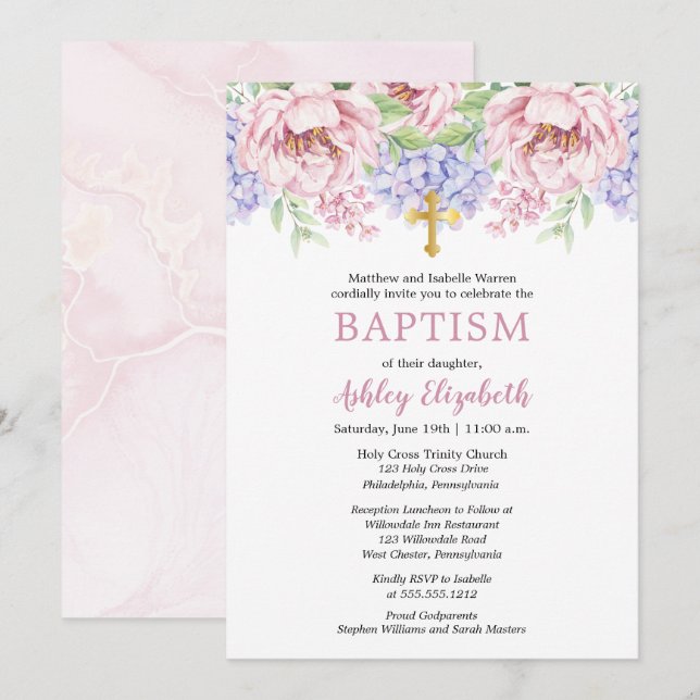 Peonies |  Hydrangeas Watercolor Floral Baptism Invitation (Front/Back)