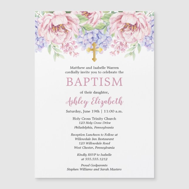 Peonies |  Hydrangeas Watercolor Floral Baptism Magnetic Invitation (Front)