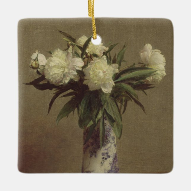 Peonies in a Blue and White Vase Ceramic Tree Decoration (Front)