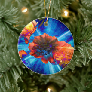 Peonies in Blue Light Ceramic Tree Decoration