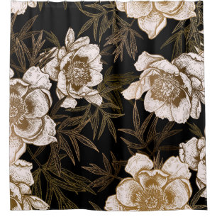 Peonies in Gold: Floral Vintage Shower Curtain