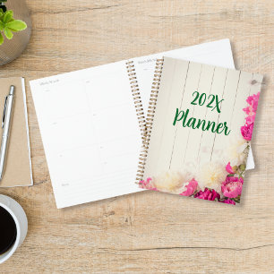 Peonies in Pink and White on Rustic Wood Planner