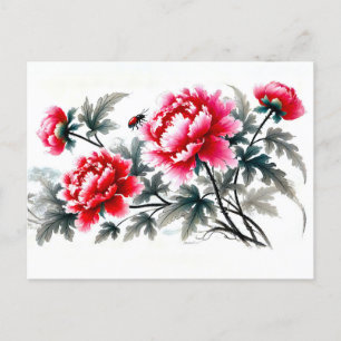 Peonies in Red Asian Ink Painting Holiday Postcard