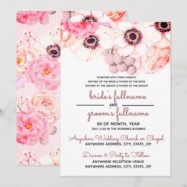 Peonies in Shades of Pink Simple Layout Wedding Invitation (Front/Back)