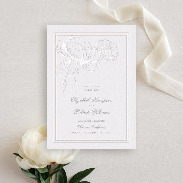 Peonies Ivory Formal Elegant Classic Frame Wedding Save The Date (peony wedding save the date formal modern classic traditional calligraphy double frame faux embossed)