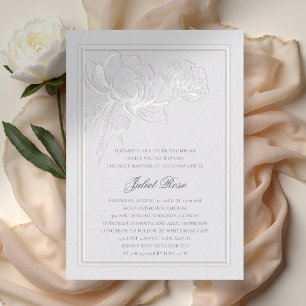 Peonies Ivory Formal Elegant Frame Modern Baptism Invitation
