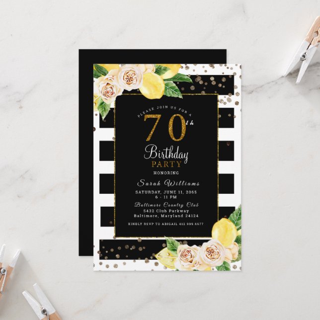 Peonies Lemons 70 Birthday Party Invitation Black (Front/Back In Situ)