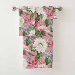Peonies & Lilacs Flower Garden Watercolor Pattern Bath Towel Set