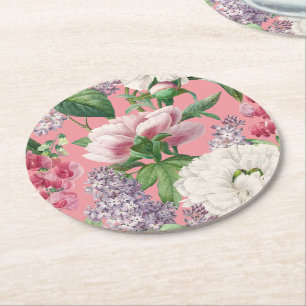 Peonies & Lilacs Flower Garden Watercolor Pattern Round Paper Coaster