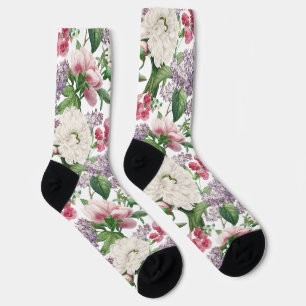 Peonies & Lilacs Flower Garden Watercolor Pattern Socks